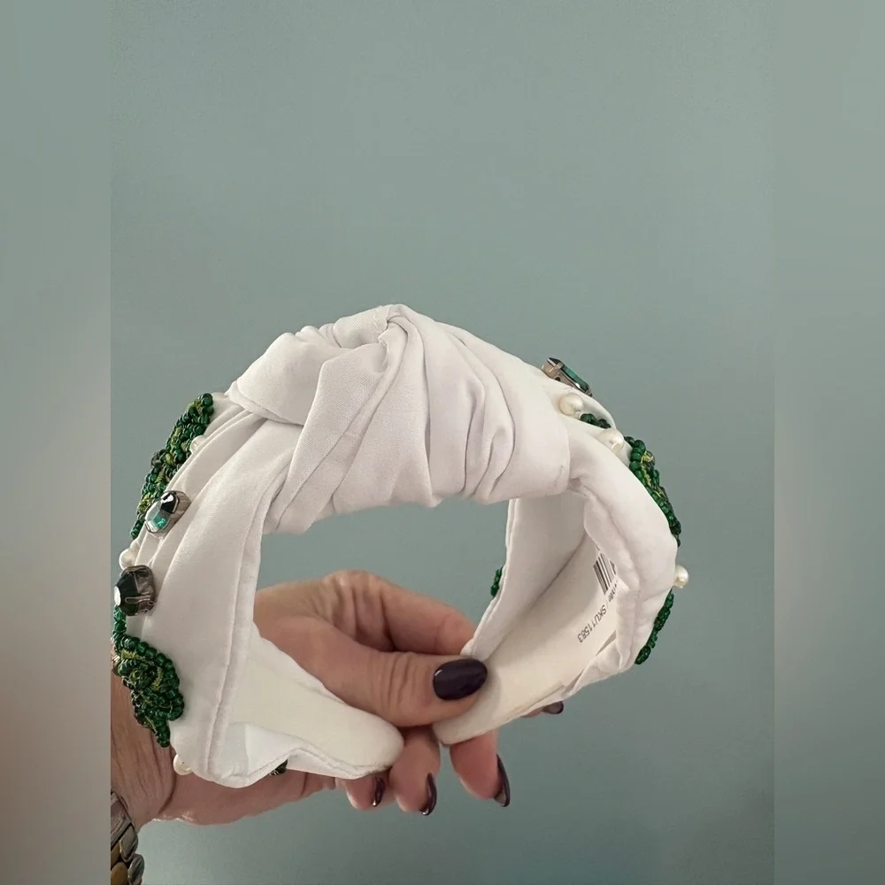 White and Green Shamrock EmbellishedTop Knot Headband